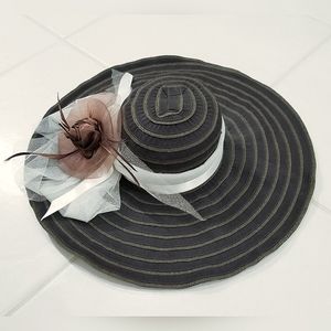 SCALA Vintage Brown Fabric & Floral Mesh Derby Rose Wide Brim Hat